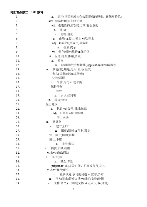 新版人教版高中英语词汇表必修二 Unit1默写(有答案)