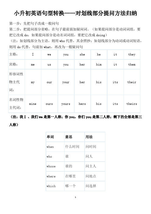 小升初英语句型转换_对划线部分提问方法归纳