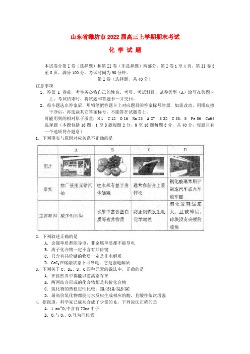 山东省潍坊诸城市2022届高三化学1月调研考试鲁科版