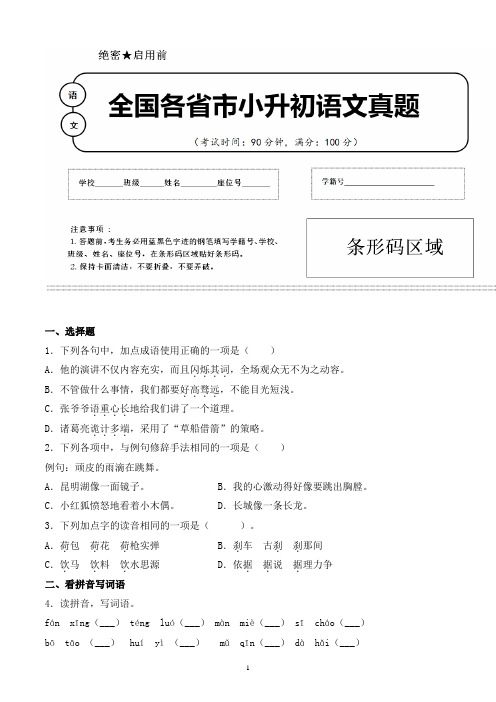 【小升初】2020年甘肃白银市小升初语文毕业会考试题含答案(全网唯一)