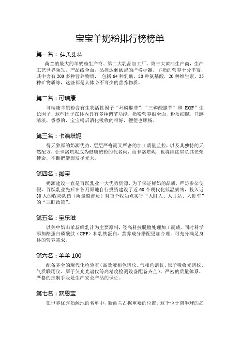 宝宝羊奶粉排行榜榜单