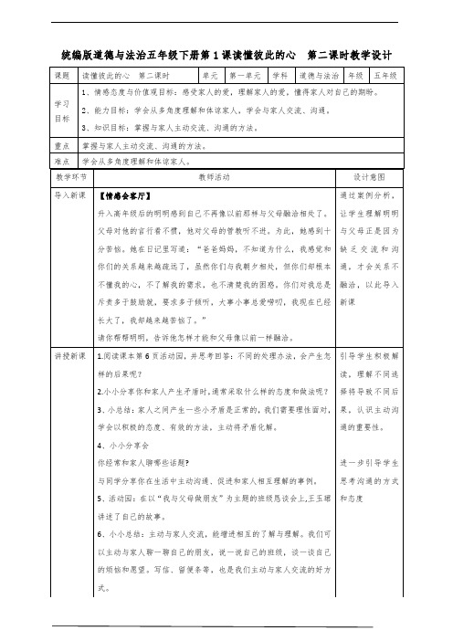 最新部编版小学五年级下册道德与法治 1读懂彼此的心  第二课时  精品教案