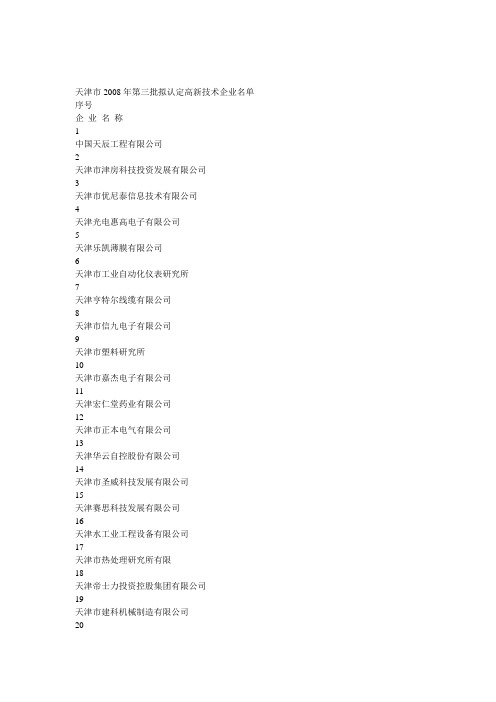 天津市2008年第三批拟认定高新技术企业名单