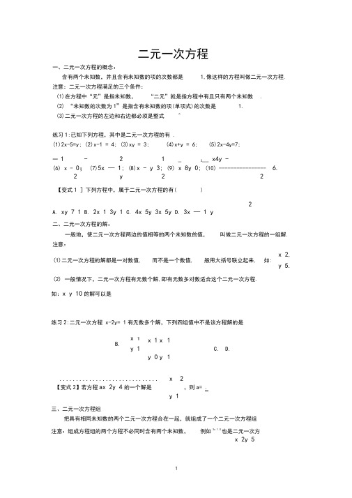 (完整版)二元一次方程基本概念及基本解法讲解