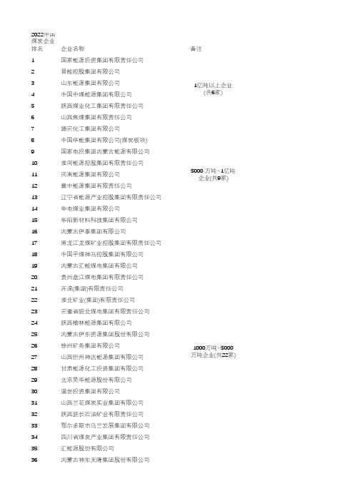 2022中国煤炭企业煤炭产量千万吨以上企业名单