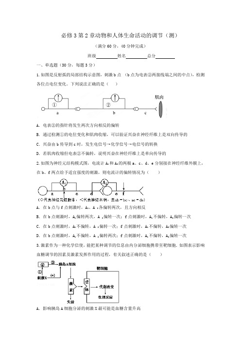 人教版高中生物必修3 第2章动物和人体生命活动的调节复习 测试(学生版) 