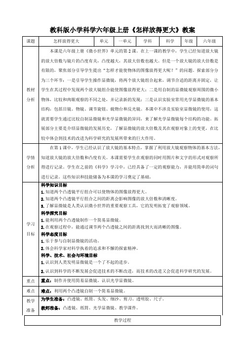 教科版小学科学六年级上册《怎样放得更大》教案