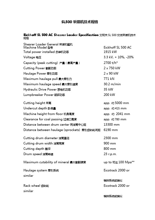 SL500采煤机技术规格