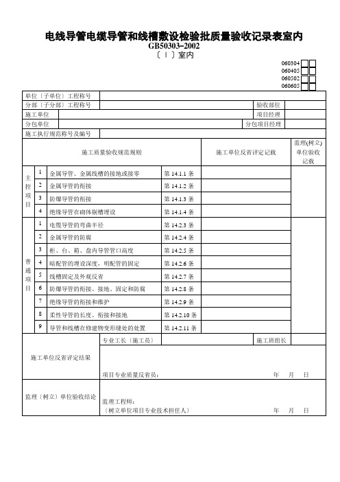 电线导管电缆导管和线槽敷设检验批质量验收记录表室内