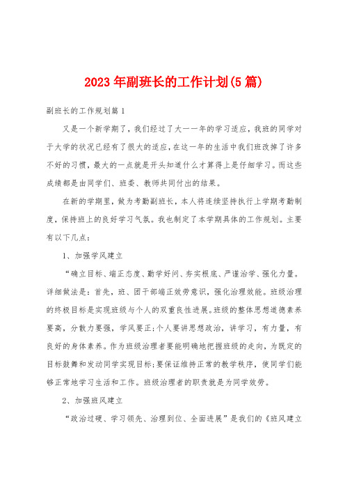 2023年副班长的工作计划(5篇)