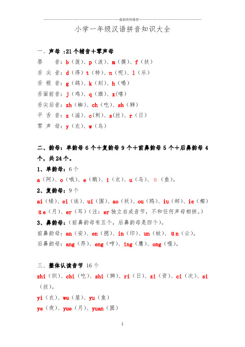 小学一年级汉语拼音知识大全精编版