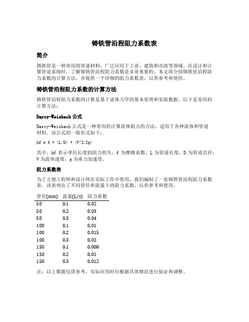 铸铁管沿程阻力系数表