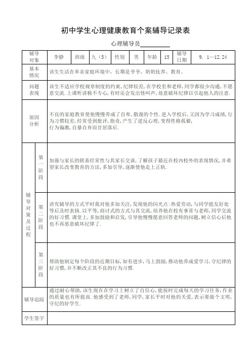 初中学生心理健康教育个案辅导记录表