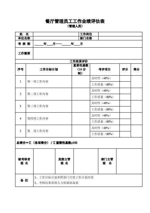餐厅管理员工工作业绩评估表