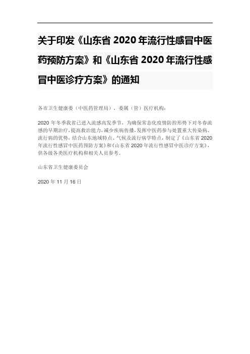 山东省2020年流行性感冒中医诊疗方案