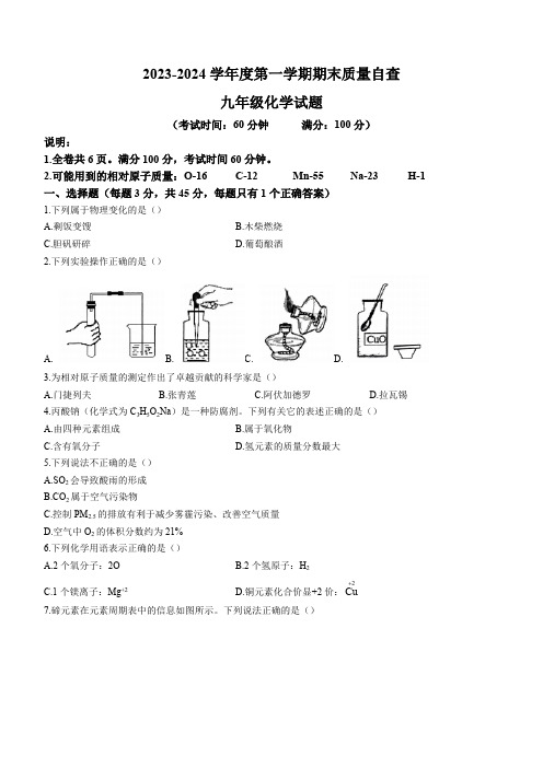 广东省东莞市2023-2024学年九年级上学期1月期末化学试题(含答案)