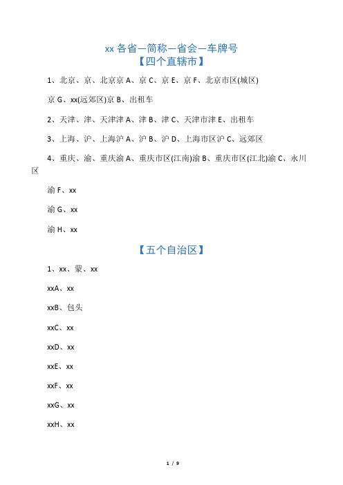 中国各省―简称―省会―车牌号