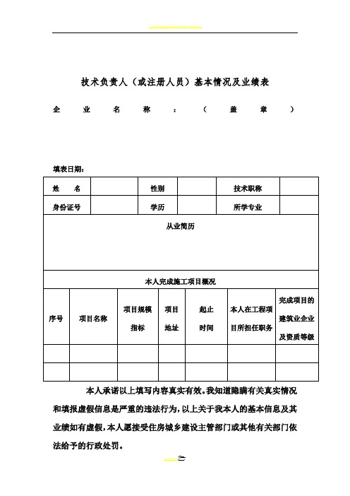 技术负责人(或注册人员)基本情况及业绩表