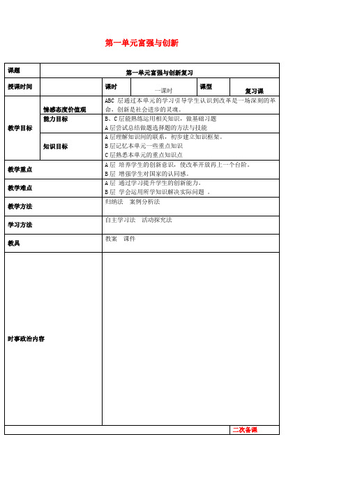 2019年中考道德与法治一轮复习九上第一单元富强与创新教案新人教版