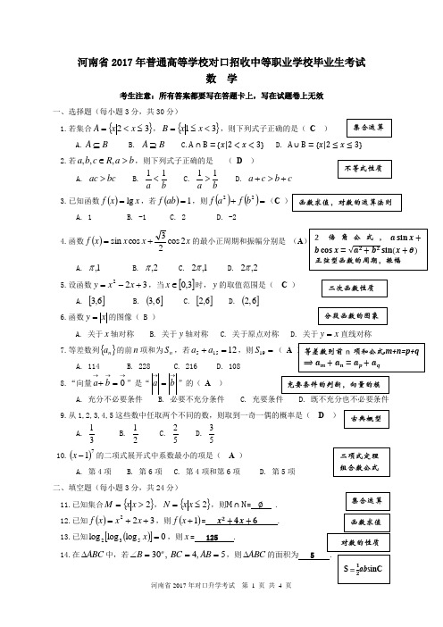 河南省2017年对口升学高考数学试题解析