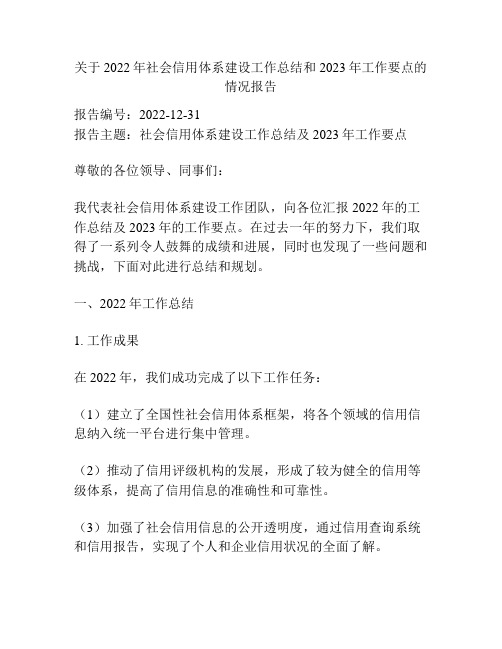 关于2022年社会信用体系建设工作总结和2023年工作要点的情况报告