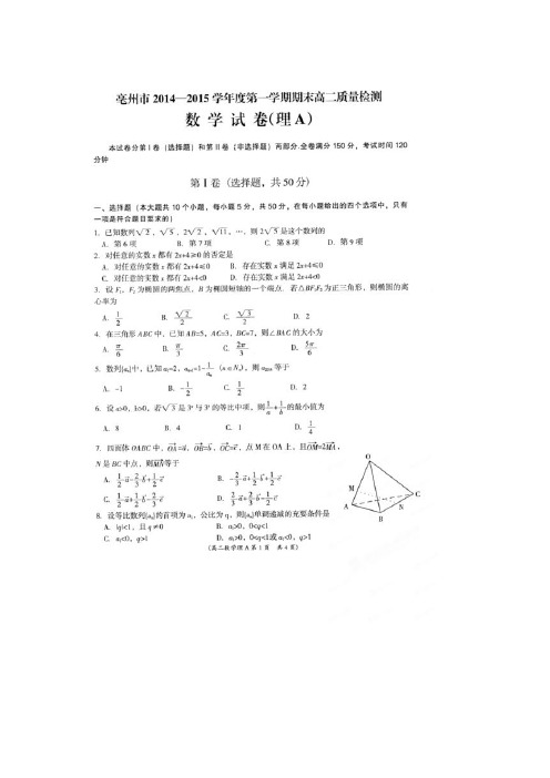 安徽省亳州市高二上学期期末考试数学(理)试题(扫描版)