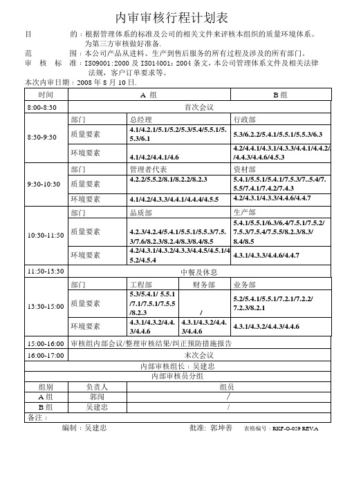 02内审审核行程计划表及内审检查表