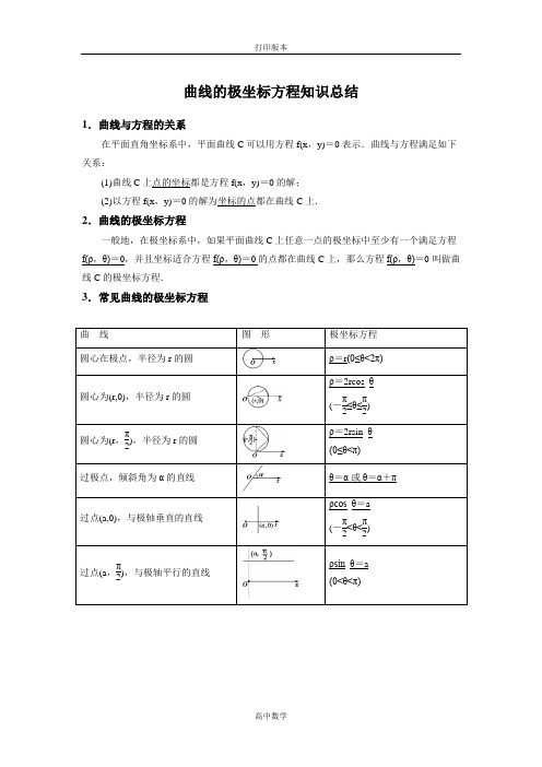 苏教版数学高二- 选修4-4素材 4.2曲线的极坐标方程知识总结