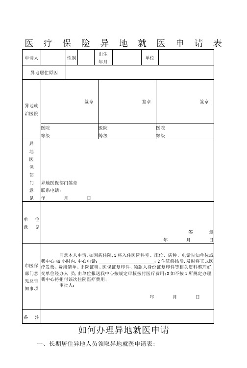 医疗保险异地就医申请表