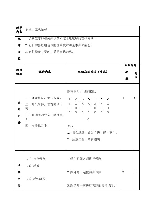 水平一(一二年级体育篮球原地拍球)教案