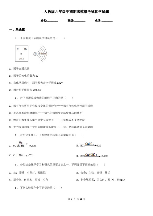 人教版九年级学期期末模拟考试化学试题