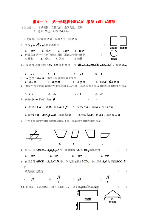 (整理版)桐乡一中第一学期期中测试高二数学(理)试题卷