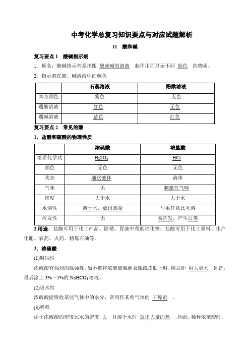 中考化学一轮总复习知识要点与对应试题解析--11酸和碱