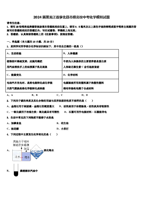 2024届黑龙江省萝北县市级名校中考化学模拟试题含解析