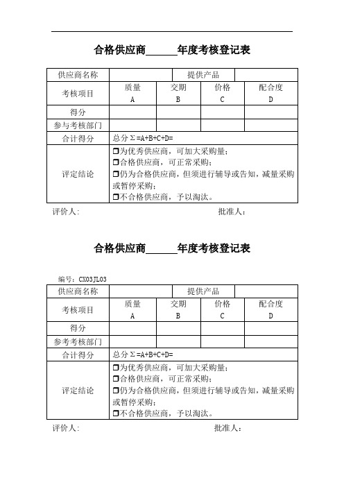 合格供应商年度考核登记表