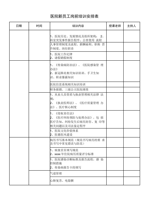 医院新员工岗前培训安排表