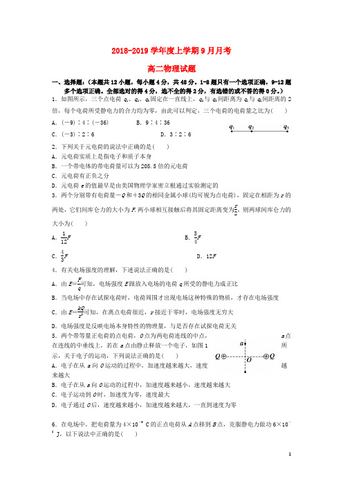 黑龙江省齐齐哈尔市第八中学2018-2019学年高二物理9月月考试题