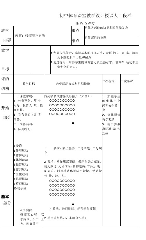 初中体育与健康人教八年级(2023年修订) 田径段洋初二体育课教案