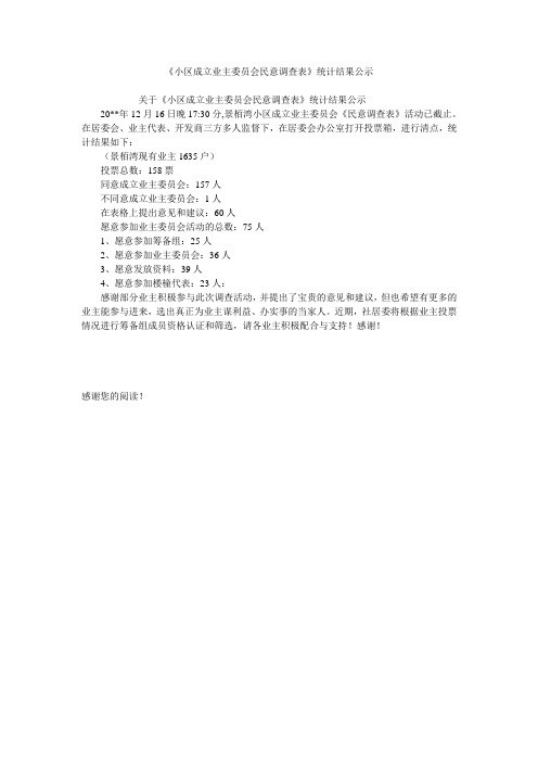 《小区成立业主委员会民意调查表》统计结果公示