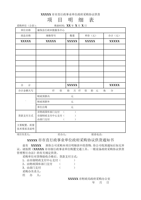 行政事业单位政府采购协议供货项目明细表