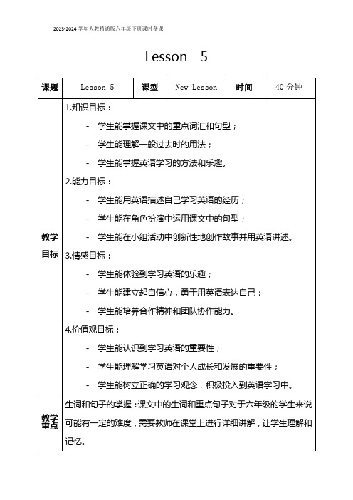 人教精通版六年级英语下册 Lesson 5课时备课