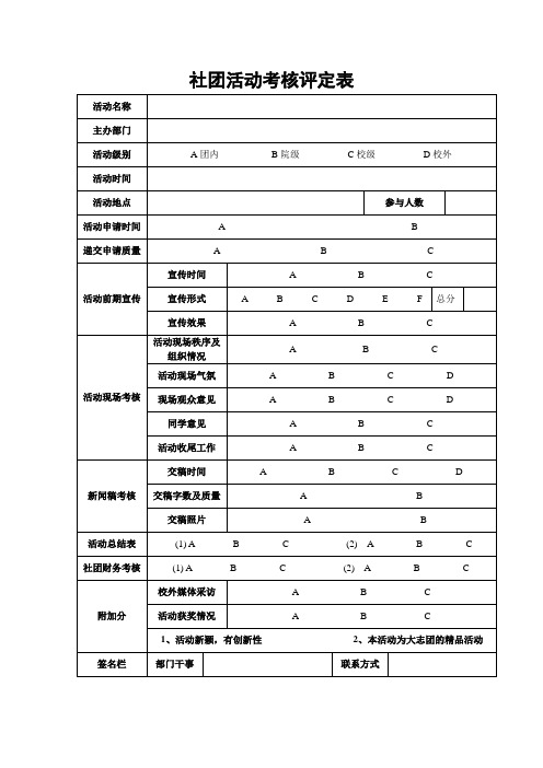 大学社团下属部门活动考评表