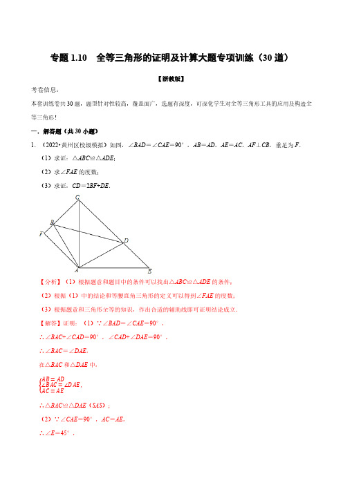 专题1.10 全等三角形的证明及计算大题专项训练(30道)(举一反三)(浙教版)(解析版)