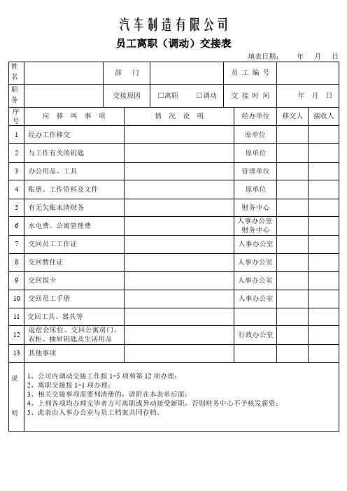 汽车制造有限公司员工离职(调动)交接表