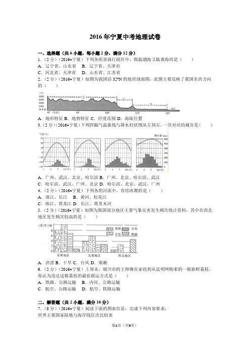 2016年宁夏中考地理试卷(带解析)讲解