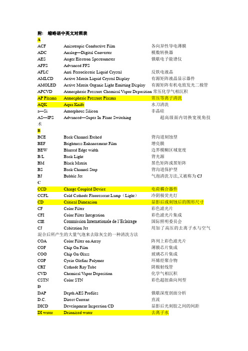 液晶显示器行业内中英文对照表