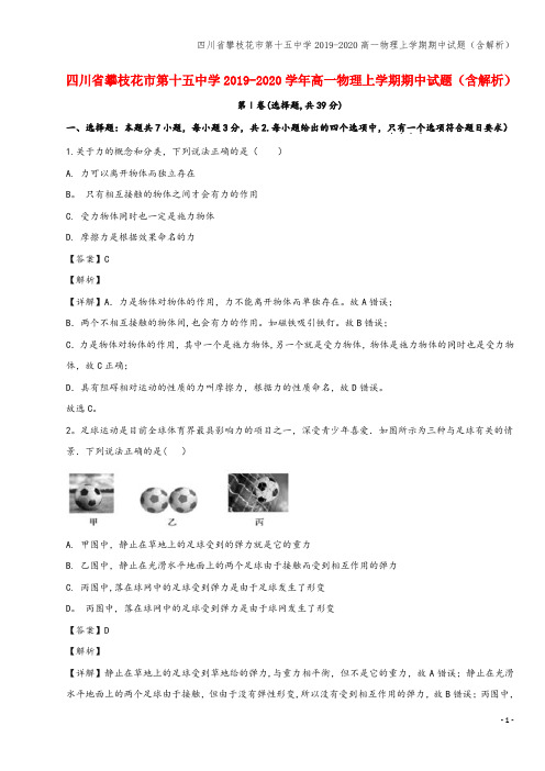 四川省攀枝花市第十五中学2019-2020高一物理上学期期中试题(含解析)