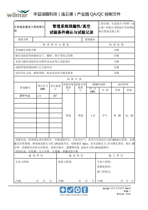 Wilmar管道系统泄漏性、真空试验条件确认与试验记录