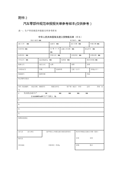 汽车零部件规范申报报关单参考样本(仅供参考)