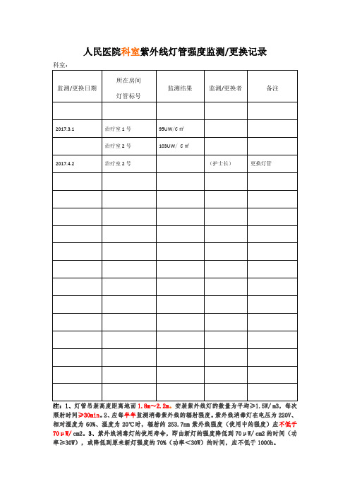 人民医院科室紫外线灯管强度监测、更换记录